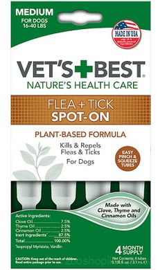 Vet`s Best Flea + Tick Spot On Tubes Medium Краплі від бліх та кліщів для собак від 7 до 18 кг 4 пипепки