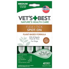 Vet`s Best Flea + Tick Spot On Tubes Medium Капли от блох и клещей для собак от 7 до 18 кг 4 пипепки vb10519