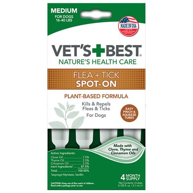Vet`s Best Flea + Tick Spot On Tubes Medium Краплі від бліх та кліщів для собак від 7 до 18 кг 4 пипепки vb10519 (0031658105199)