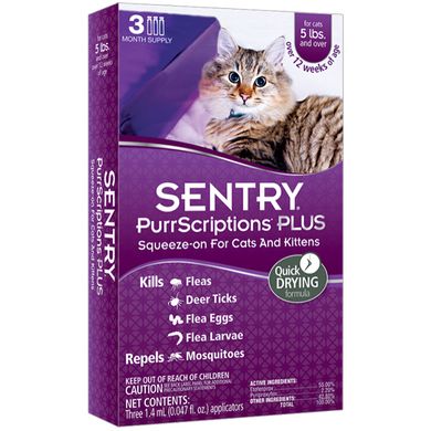 SENTRY PurrScriptions капли от блох и клещей для кошек от 2,2 кг от 2.2 кг 1.4 мл. 3 шт./уп. (цена за 1 пипетку)