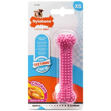 Nylabone Puppy Chew Dental Bone Жувальна іграшка зі смаком курки для цуценят Розовая
