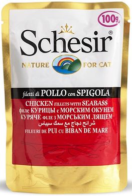 Schesir Chicken Seabass (Курица с окунем) Натуральные консервы для кошек, пауч 100 гр.